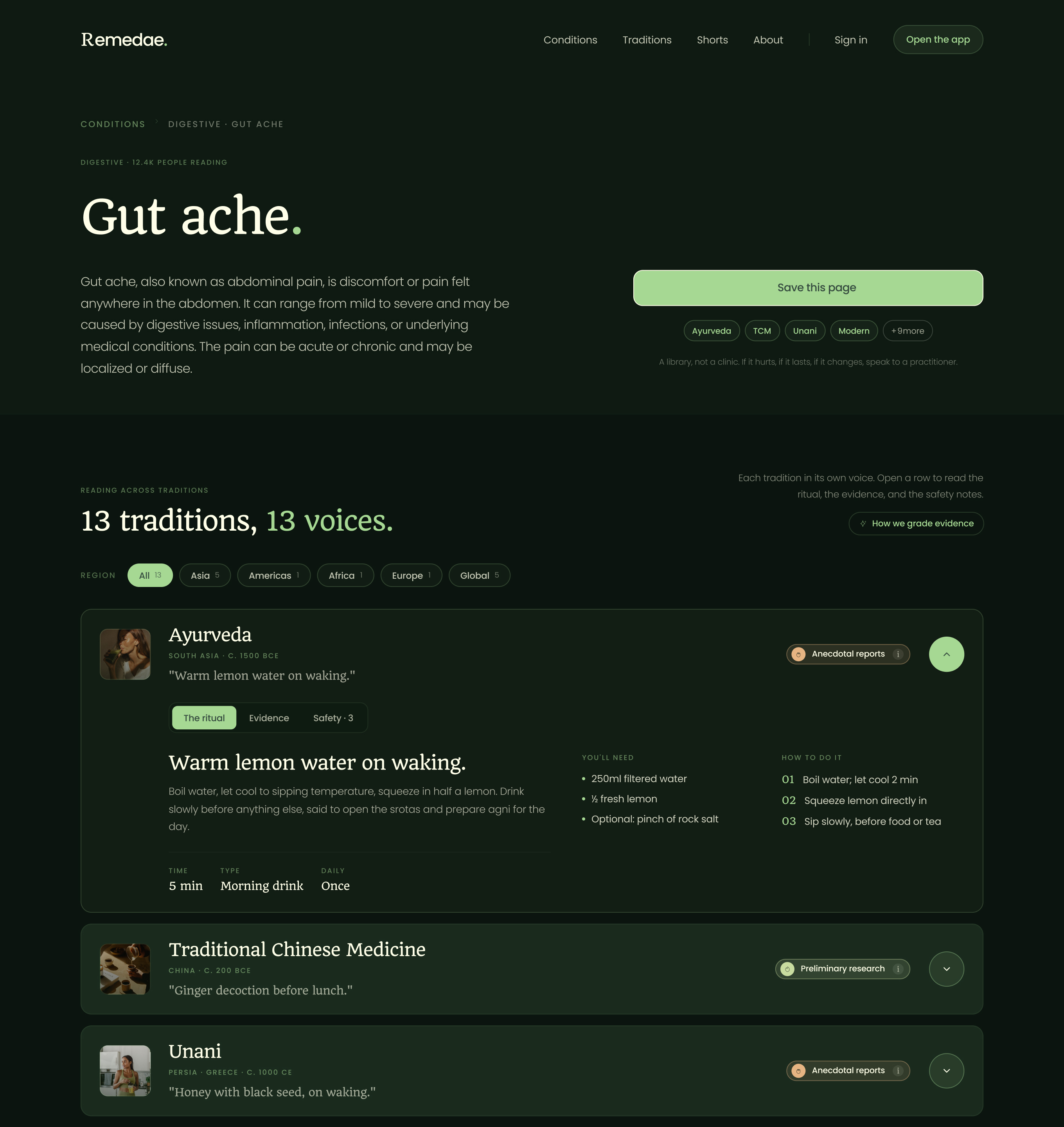 Remedae condition page for gut ache, showing thirteen traditions side by side